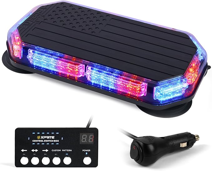 Xprite Red Blue Rooftop Emergency Strobe Light Bar, US Flag Beacon Safety Flashing Police Lights w/Control Panel Magnetic Base for Police Law Enforcement POV Vehicles Trucks