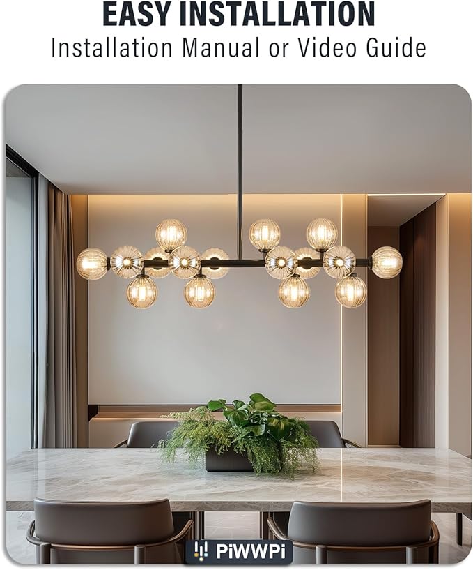 Glass Globe Sputnik Chandelier, 16-Light Mid Century Modern Light Fixture Over Table, Linear Chandeliers for Dining Room, Kitchen Island, Black and Amber Bubble, 40 Inch, GC-02