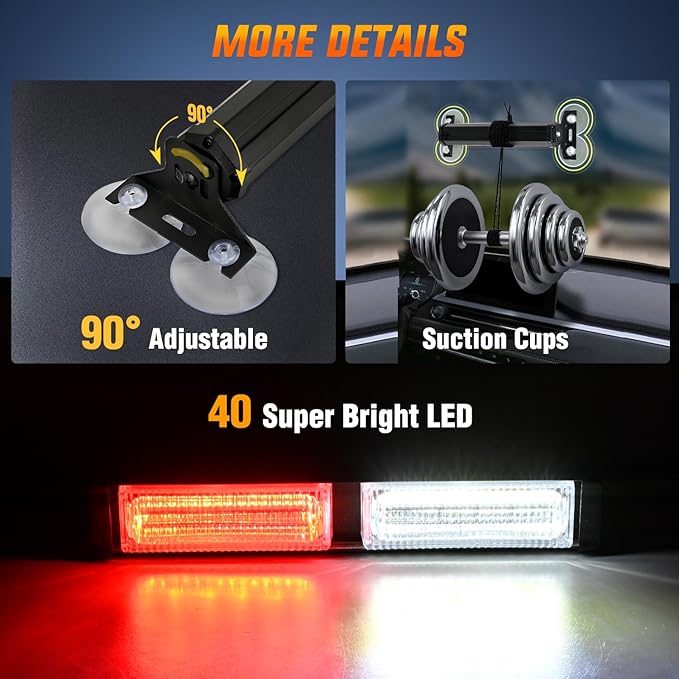 Nilight 40LED Red White Emergency Strobe Traffic Advisor Light Bar with Suction Cups Dash Safety Warning Hazard Flashing Lights Interior Front/Rear Windshield for Trucks Construction Vehicles