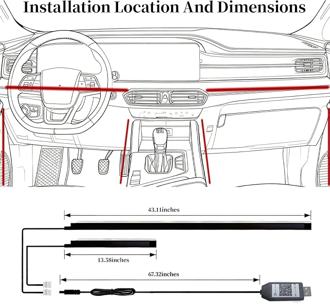 DIBMS APP Controlled RGB Car Interior Light Strip, 43.3 Inches Acrylic Auto Ambient Lighting Kit with Dreamcolor Chasing, Center Console Dashboard Lamps with APP Remote Control