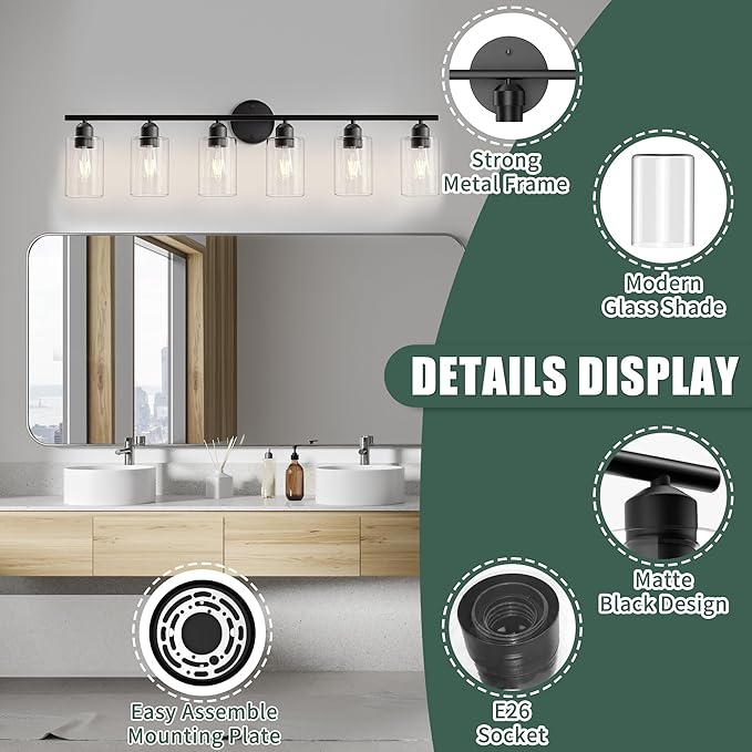 6 Lights Bathroom Vanity Light Fixtures Matte Black,Rustic Farmhouse Vanity Lighting Over Mirror Modern Industrial Lamp with Cylinder Glass Shade UL Certified