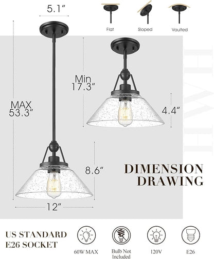 Black Pendant Light, HWH Hanging Light Fixtures for Dining Room, Bedroom, Glass Pendant Light for Kitchen Island with Seeded Glass, 5HYS89MIL-G1 BK