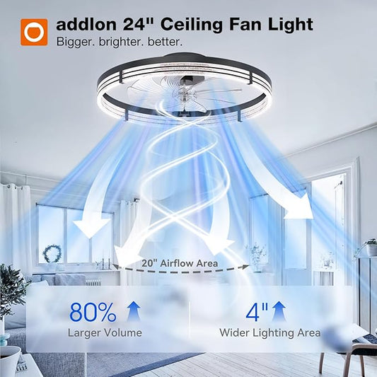 addlon Ceiling Fans with Lights and Remote, 24'' Low Profile Ceiling Fans, 3000-6000K Dimmable Modern Flush Mount LED Fan Light, Fandelier Ceiling Fan for Bedroom, Kitchen, Living Room, Black
