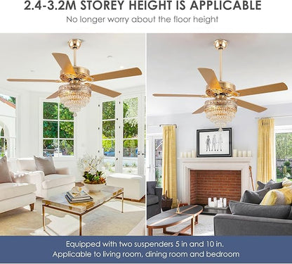 52“Crystal Ceiling Fan Fandelier with Lights - Modern Golden Crystal Chandelier Fans with Remote Control，Retro/Farmhouse Lighting, Dining Room,Living Room Ceiling Fan Light with Noiseless DC Motor