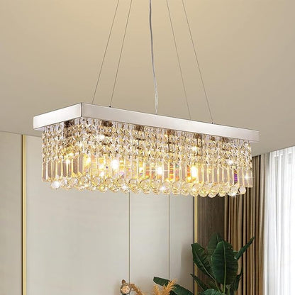 Modern Crystal Chandeliers for Dining Room Kitchen Island Light Fixture, 6-Light Rectangle Chandelier for Living Room, L31.5 Inch, Chrome Finish