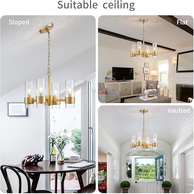 WUZUPS Industrial Chandelier 4-Light with Clear Glass Modern Farmhouse Round Light Fixture for Dining Room Kithen Island Foyer, Width 16.9" Height 12.2", Gold