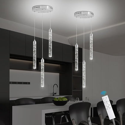 Crystal Kitchen Island Chandelier, Modern Chrome Spiral Dimmable LED Cluster Raindrop Foyer Chandelier Lighting, Bubble Dining Room Hanging Light Fixture 3 Light Remote Control