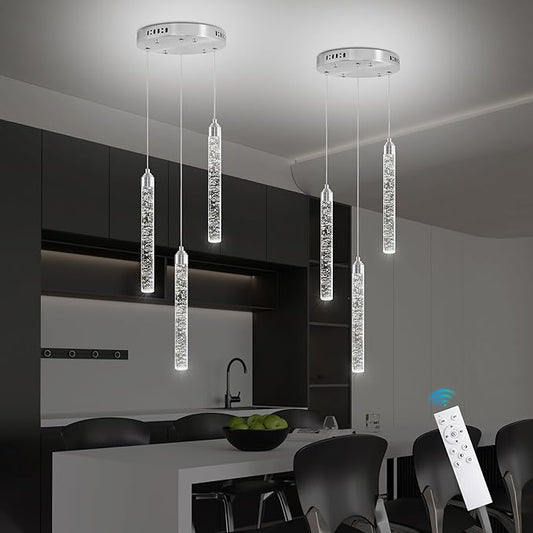 Crystal Kitchen Island Chandelier, Modern Chrome Spiral Dimmable LED Cluster Raindrop Foyer Chandelier Lighting, Bubble Dining Room Hanging Light Fixture 3 Light Remote Control