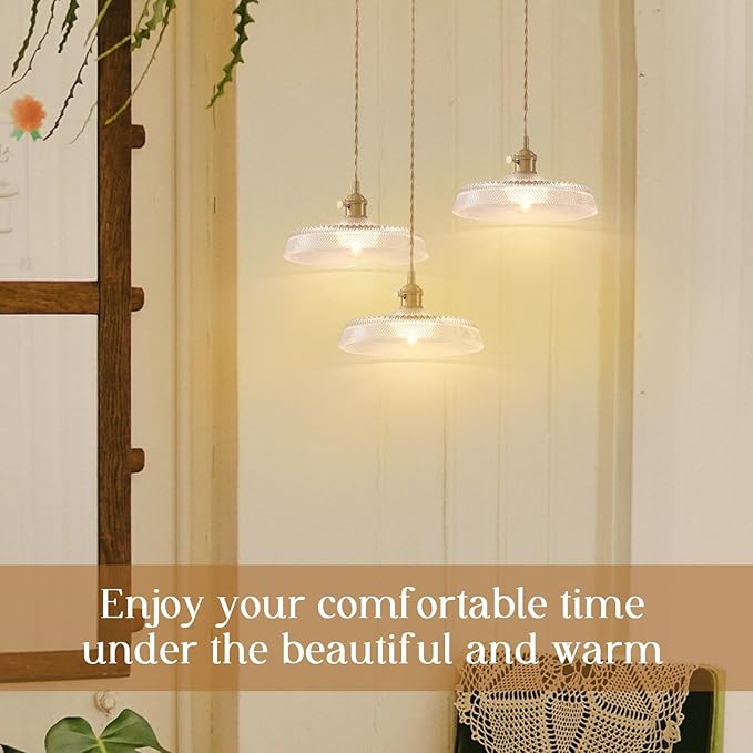 Pendant Lights Kitchen Island, 9.1 Inch Retro Glass Lampshade Hanging Lamp Industrial Braided Light Cord Hanging Lights for Living Room and Bedroom