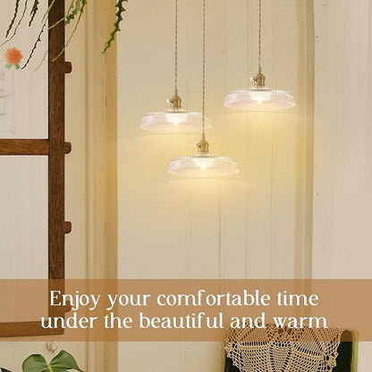 Pendant Lights Kitchen Island, 9.1 Inch Retro Glass Lampshade Hanging Lamp Industrial Braided Light Cord Hanging Lights for Living Room and Bedroom