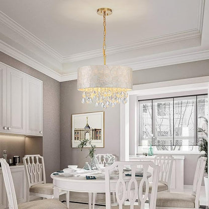 LumFurn D 16inch 4-Light Drum Capiz Shell Crystal Chandeliers, Coastal Style Pendant Light Fixture for Dining Room, Living Room, D16x20~67"(Adjustable Height), Shell Lampshade, Crystal & Gold Finish