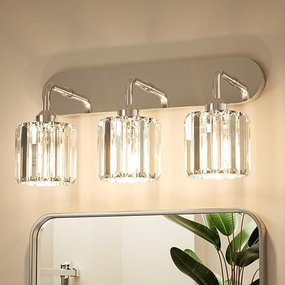 Keonjinn 3-Light Chrome Bathroom Light Fixtures, Crystal Bathroom Vanity Lights Over Mirror, Chrome Vanity Lighting Fixtures with Crystal Square Shades (E26 Base, Exclude Bulb)