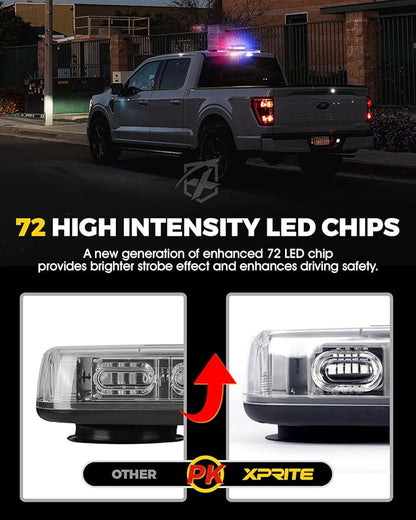 Xprite Upgraded 12" 72LED Rooftop Mini Strobe Lights, Emergency Safety Flashing Beacon Light Bar with Magnetic Base for 12V-24V Construction Vehicles, Trucks, Snow Plow, Postal Car (Mix Red/Blue)