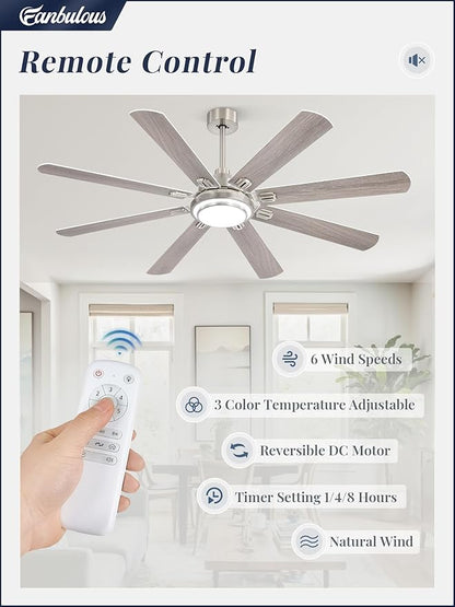 Fanbulous 65 Inch Ceiling Fans with Lights and Remote, Brushed Nickel Ceiling Fan with 8 Dual-Color Blades, Indoor/Outdoor Large Ceiling Fans, Reversible DC Motor, 6-Speed, 3CCT for Living Porch Patio