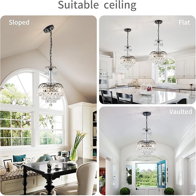 WUZUPS Crystal Chandelier Pendant Flushmount Ceiling Light Modern Lighting Fixture for Bedroom Hallway Bar Kitchen Bathroom, H 14.4" x W 11.8", Black, E12 Base