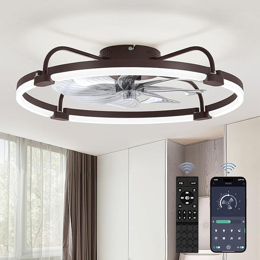 LEDIARY Ceiling Fans with Lights and Remote, 24'' Low Profile Ceiling Fan with Light, 3000-6000K Dimmable Fandelier LED Fan Light, 6 Wind Speeds, Brown Modern Flush Mount Ceiling Fan for Bedroom
