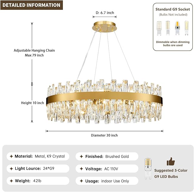 Modern Brass Gold Crystal Chandelier Lights, Round K9 Crystal Raindrop Chandelier, Pendant Ceiling Light Fixtures for Dining Living Dining Room Bedroom, Diameter 30 inches