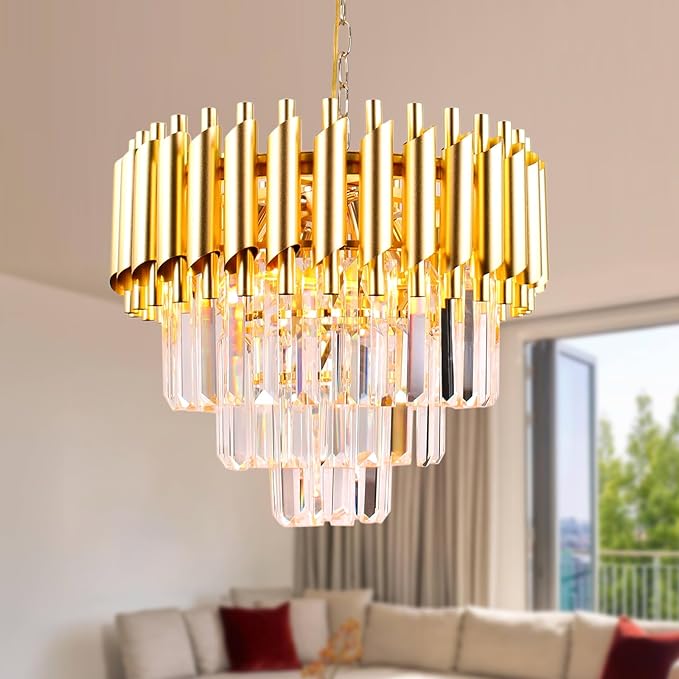 FRIXCHUR Gold Crystal Chandelier 15.7 Inch 5 Light Modern Pendant Light Fixture with Adjustable Chain E12 Base for Dining Room Foyer Bedroom Kitchen