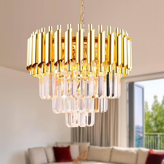 FRIXCHUR Gold Crystal Chandelier 15.7 Inch 5 Light Modern Pendant Light Fixture with Adjustable Chain E12 Base for Dining Room Foyer Bedroom Kitchen