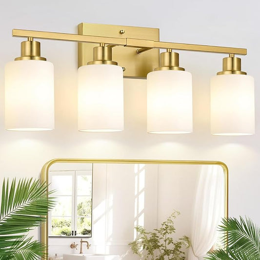 Indoi 4-Light Bathroom Light Fixtures, Brushed Gold Vanity Lights with Milk Glass Shades, Modern Bathroom Wall Lamp for Mirror Living Room Bedroom Porch