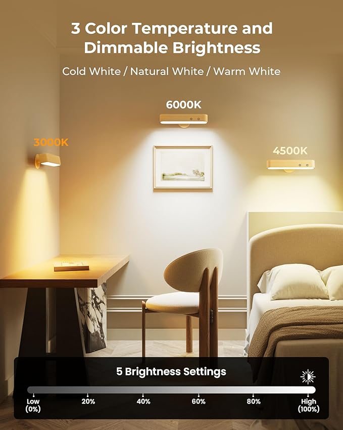 PopoIron 7500 mAh Rechargeable Wood Wall Sconce for Bedroom, LED Wall Light with Remote Control and Touch, 360° Magnetic Rotation, 3 Colours, Dimmable Wooden LED Wall Lamp with 15 RGB Colors,1 Pack