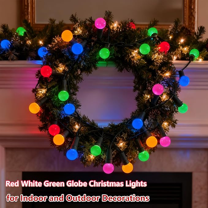Colored Round Christmas Lights 13.5Ft Vintage Christmas Tree Light 50 LED Mini Multicolor Globe Lights, Plug in Fairy Xmas Light for Indoor Outdoor Home Party Fireplace Balcony Porch Patio Tree Decor