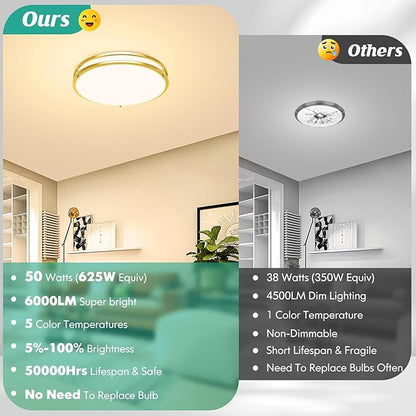 16 Inch LED Flush Mount Ceiling Light Fixture, Dimmable 5CCT Selectable 2700K Warm White-6500K Super Bright Daylight White, 50W 6000LM Round Gold Ceiling Lamps for Living Room Bedroom Kitchen, 2 Packs
