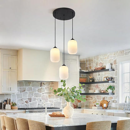 Small 3 Light Cluster Chandelier White and Black Glass Cylinder Pendant Light Vintage Milk Glass Chandelier Mid Century Modern Kitchen Island Pendant Light Stairwell Lighting Fixtures
