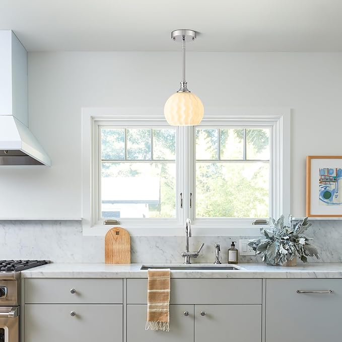 Brushed Nickel Pendant Lights Kitchen Island, 7.3" 1-Light Modern Milk Glass Globe Light Fixtures with Adjustable Rods, Hanging Ceiling Lighting for Sink, Hallway (E26 Base)