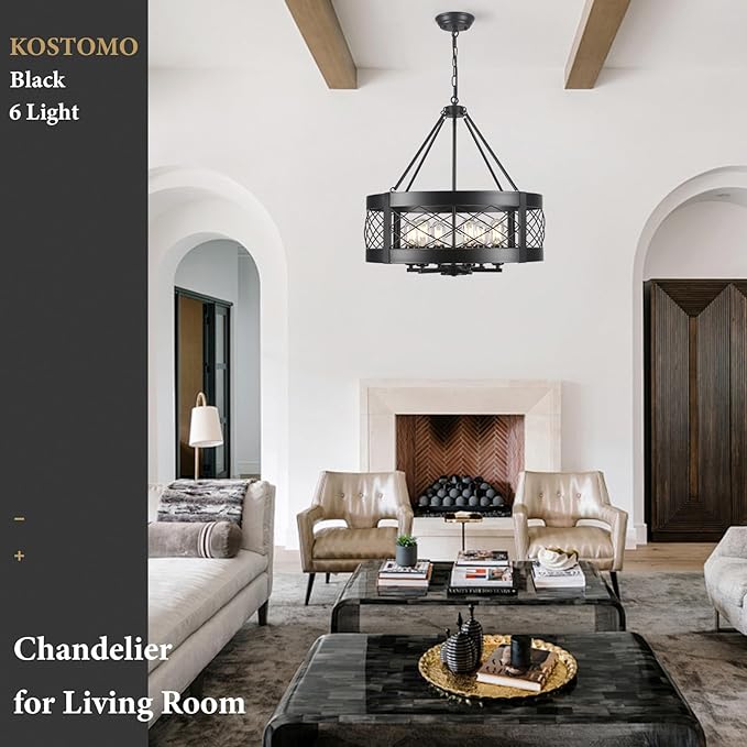 Black Chandelier 6-Light Adjustable Farmhouse Chandelier Dining Room Light Fixture Kitchen Island Lighting Drum Rustic Hanging Lights for Entryway Foyer Bedroom Living Room