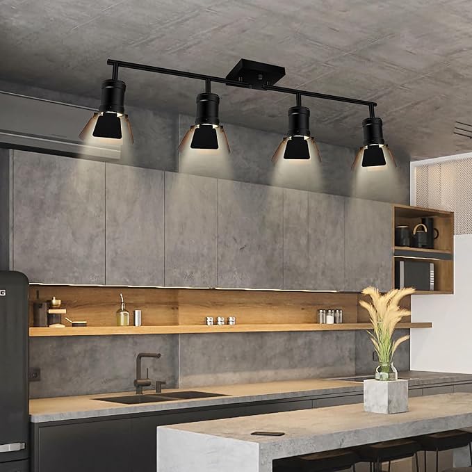 4 Light Track Lighting Fixtures Ceiling, Black Track Lighting with Rotatable Heads, Vintage Industrial Ceiling Spotlight Light for Kitchen/Living Room/Bedroom,GU10 Bulb Not Included
