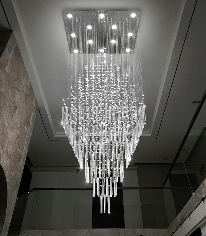 HAIXIANG W32 x H120 Glam Chandelier with LED Bulbs Square Chandeliers, Crystal Raindrop High Ceiling Pendant Light for Entrance Large Villa Chandelier Foyer Lighting Fixtures Silver