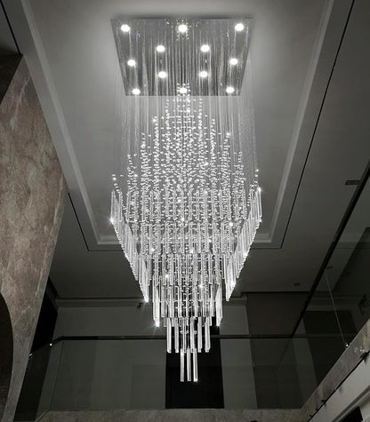 HAIXIANG W32 x H120 Glam Chandelier with LED Bulbs Square Chandeliers, Crystal Raindrop High Ceiling Pendant Light for Entrance Large Villa Chandelier Foyer Lighting Fixtures Silver