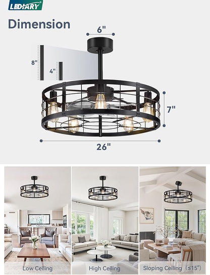 LEDIARY 26 inch Fandelier Caged Ceiling Fan with Light, Bladeless Ceiling Fan with Remote, Farmhouse Fan Lights Ceiling Fixtures for Kitchen, Bedroom, Outdoor(6 Speed, Timing)-Black