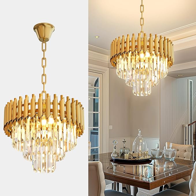 Modern Gold Crystal Chandelier, 16" 5-Light Round Chandelier,3 Tiers Ceiling Pendant Light, Adjustable Hanging Chandeliers for Dining Room, Foyer, Living Room, Staircase