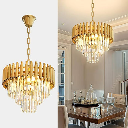 Modern Gold Crystal Chandelier, 16" 5-Light Round Chandelier,3 Tiers Ceiling Pendant Light, Adjustable Hanging Chandeliers for Dining Room, Foyer, Living Room, Staircase