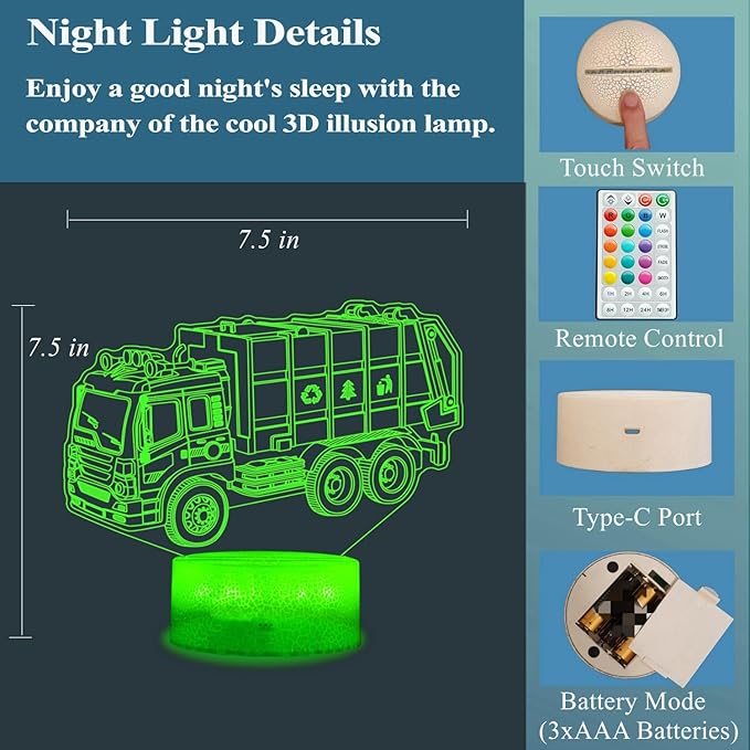 Garbage Truck Night Light, Garbage Truck Car Gifts, Sanitation Truck 3D Illusion Lamp with 16 Colors Changing, Timer, 4 Flash Modes and Dimmable, Kids Boys Girls Room Decoration, Holiday Xmas Gifts