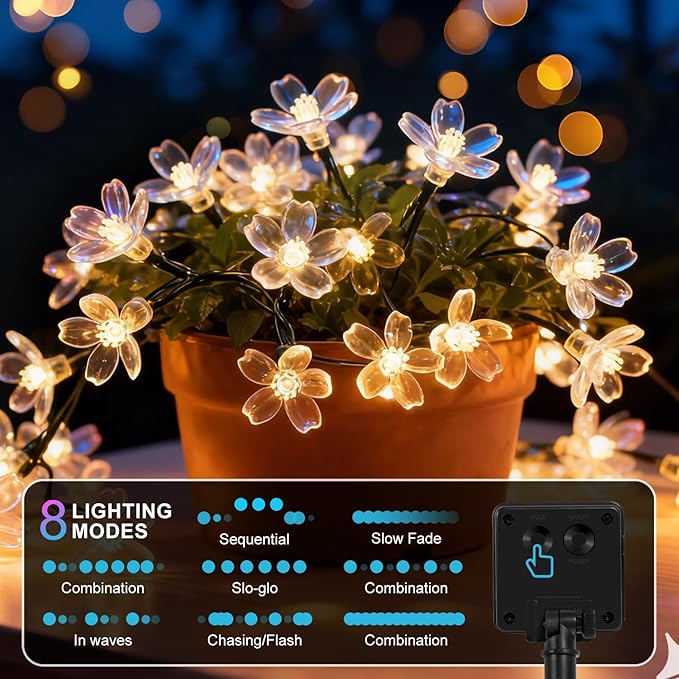 60 LED Solar String Lights Outdoor Waterproof Flower Fairy Lights for Garden Fence Patio Yard Christmas Tree Lawn Wedding Party Decor, Warm White