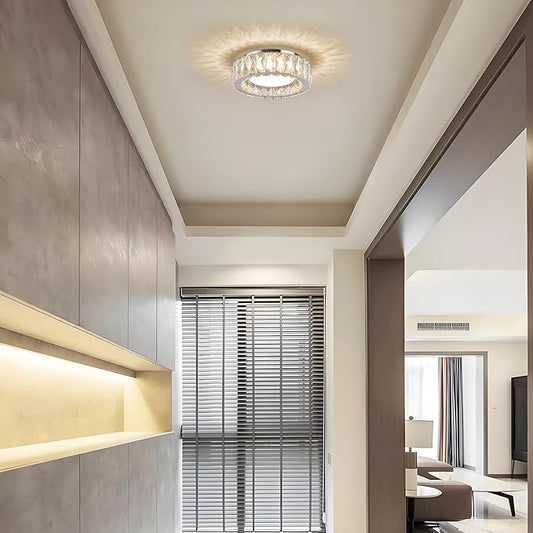 11 Inch Chrome Modern Luxury Crystal Flush Mount Ceiling Light Fixture,5CCT 3000K-6000K 24W,Round Small Dimmable Led Chandelier Hallway Lighting for Entryway,Kitchen,Bedroom,Laundry Room