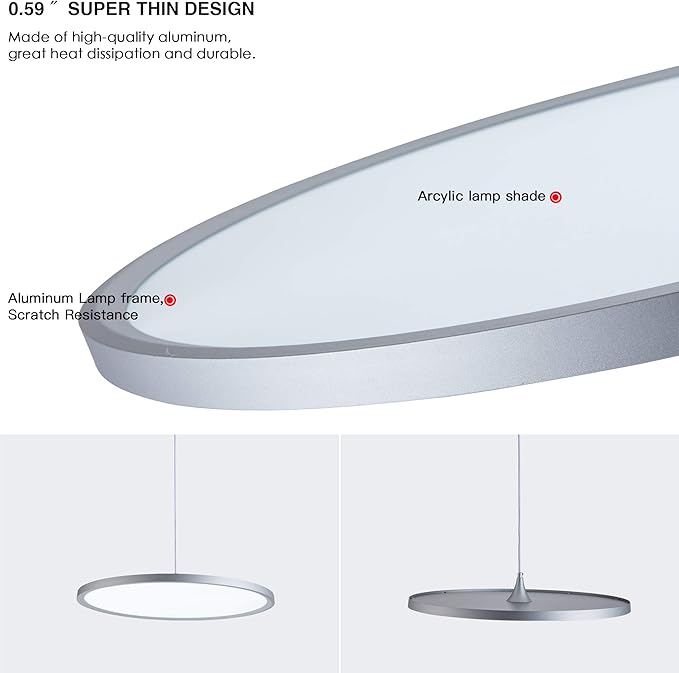 MADEM Modern LED Pendant Light 23.6'' Disc Chandelier Hanging Lighting Fixture with Acrylic Shape Dimmable Contemporary Chandelier 6000K for Office Dining Room Meeting Room Kitchen Island, Silver