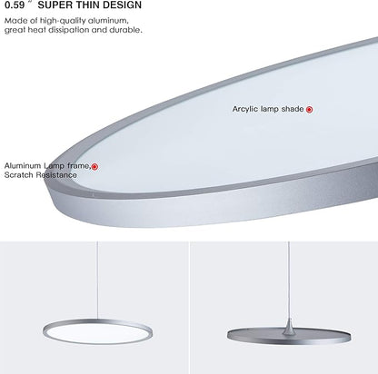 MADEM Modern LED Pendant Light 23.6'' Disc Chandelier Hanging Lighting Fixture with Acrylic Shape Dimmable Contemporary Chandelier 6000K for Office Dining Room Meeting Room Kitchen Island, Silver
