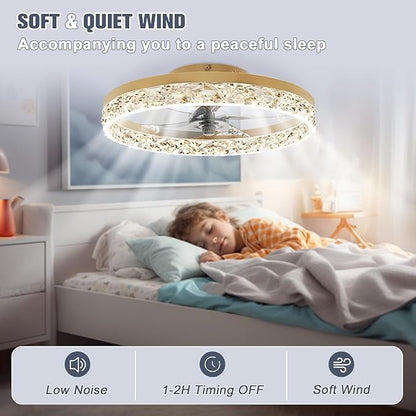 VOLISUN Fandelier Ceiling Fans with Lights and Remote, 19.7in Low Profile Ceiling Fan Flush Mount, 3000K-6500K Dimmable, Modern Ceiling Fans with Lights for Bedroom, Living Room, Kitchen(Gold)