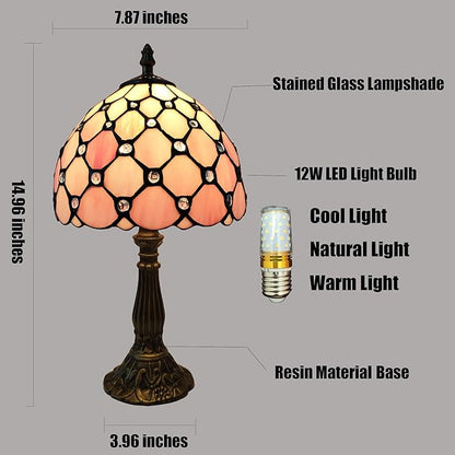 Tiffany Table Lamp 3-Way Light Handmade Bedside Lamp Small Desk Night Lamp Stained Glass Antique for Home Office Bedroom Living Room Study Room (Pink Pearls Style)
