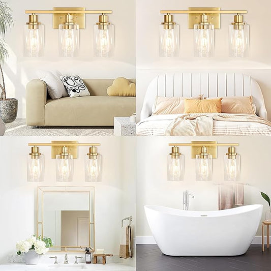 Gold Bathroom Wall Lights Brushed Brass 3-Light Vanity Light Fixtures Modern Wall Sconces with Clear Glass Shade, Bathroom Wall Lamp for Mirror Kitchen Bedroom Hallway Cabinet Porch