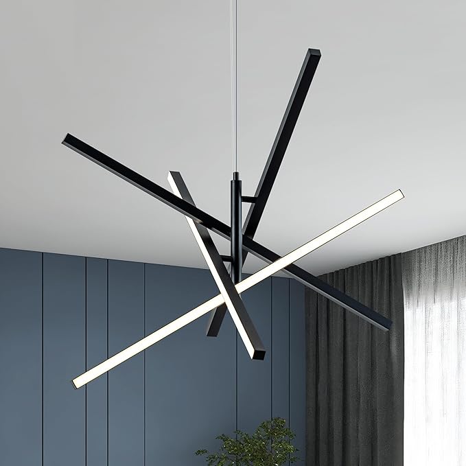 Modern LED Chandelier Linear Pendant Light Dimmable 4 Lights Linear Chandelier 3000K,4000K,6000K Hanging Pendant Lighting for Kitchen Island Living Dining Room Restaurant Office (Black)