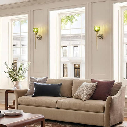 Brass Indoor Hardwired Wall Sconces - Linear Modern Design, Glass Shade E26 Base, Set of 2 for Living Room, Hallway & Vanity