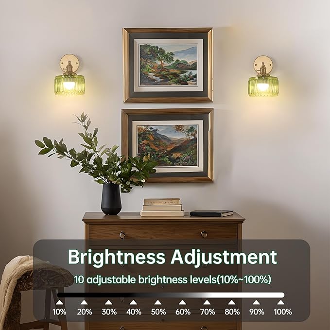Shenmoyl Vintage Battery Operated Wall Sconce with Green Striped Glass Lampshade 5000 mAh Rechargeable Battery Powered Wall Light with Remote Control for Bedside Bedroom Doorway, Set of 2