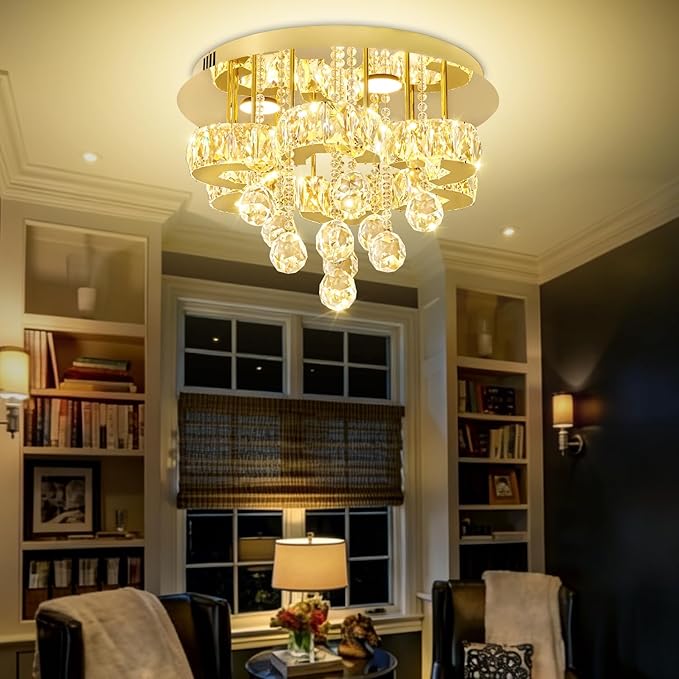 Flashing God 16" Gold Crystal Chandelier Semi Flush Mount Ceiling Light Crystal Close to Ceiling Light Fixtures for Bedroom Living Room Kitchen Hallway Dimmable Lighting 2700k 4500k 6000k