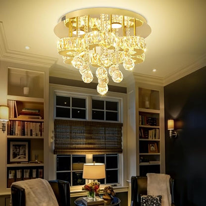 Flashing God 16" Gold Crystal Chandelier Semi Flush Mount Ceiling Light Crystal Close to Ceiling Light Fixtures for Bedroom Living Room Kitchen Hallway Dimmable Lighting 2700k 4500k 6000k