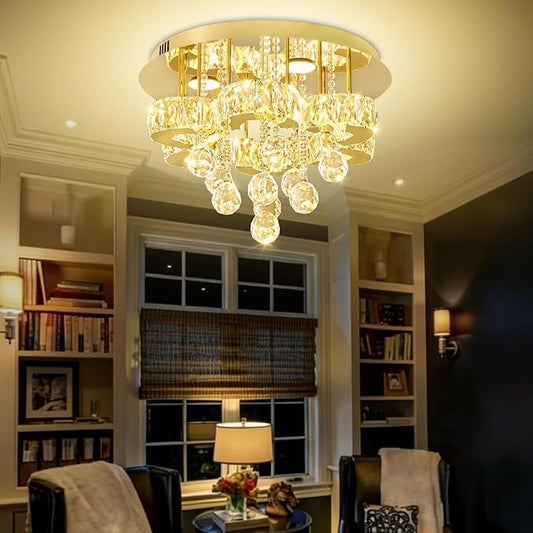 Flashing God 16" Gold Crystal Chandelier Semi Flush Mount Ceiling Light Crystal Close to Ceiling Light Fixtures for Bedroom Living Room Kitchen Hallway Dimmable Lighting 2700k 4500k 6000k